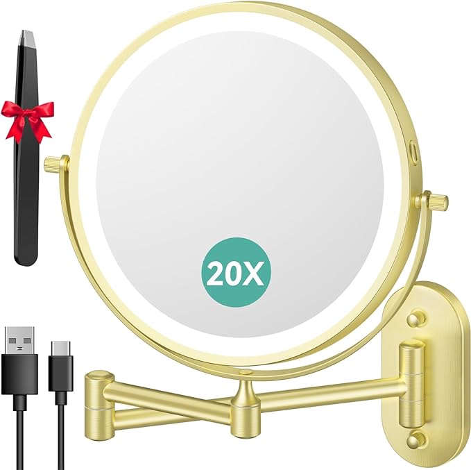 Auxmir 1X/20X Wall Mounted Makeup Mirror with Light, 8" Rechargeable Double-Sided Magnifying Mirror, Vanity Mirror Dimmable 3 Color Light, 360° Extension Rotation Foldable 14.5 Inch Arm for Bathroom