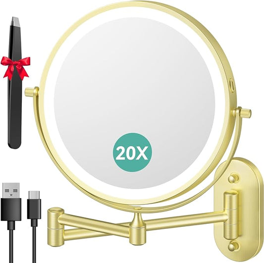 Auxmir 1X/20X Wall Mounted Makeup Mirror with Light, 8" Rechargeable Double-Sided Magnifying Mirror, Vanity Mirror Dimmable 3 Color Light, 360° Extension Rotation Foldable 14.5 Inch Arm for Bathroom