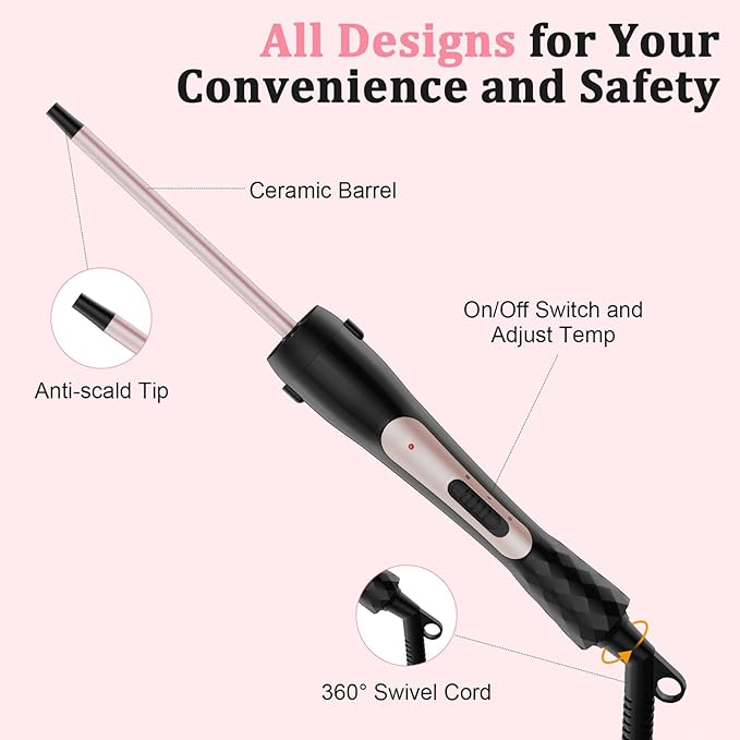 3/8 Inch Small Curling Iron, 9mm Tiny Curling Wand for Short & Long Hair, Ceramic Small Barrel Curling Iron with Adjustable Temperature, Fast Heating Hair Curler with Heat Resistant Glove & 2 Clips