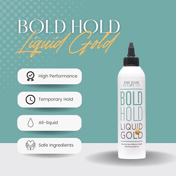 The Hair Diagram - Bold Hold Liquid Gold - Glueless Lace Gel - Temporary Hold for Wigs and Hair Systems - Styling Agent for Baby Hairs - Non Toxic - Aerosol & Alcohol Free - Water Based Formula - 8oz