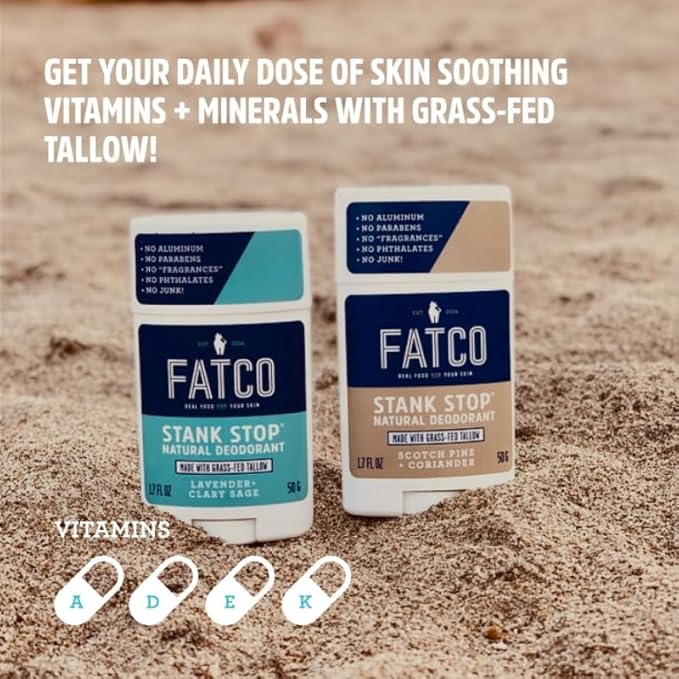 FATCO Stank Stop All Natural Deodorant with Tallow and Organic Coconut Oil – Lavender + Sage 2-Pack (1.7 oz)
