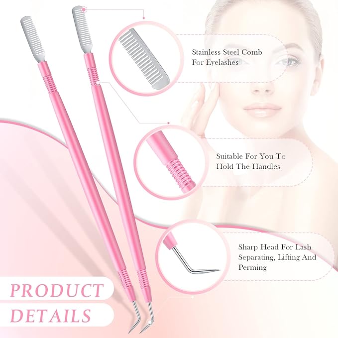 Chumia 2 Pieces 2 in 1 Lash Lift Tool Eyelash Separator Tool with Comb Stainless Steel Metal Lash Perm Lift Rods for Eyelash Eyebrow Comb Perming Tinting Curling Extension Supplies(Pink)