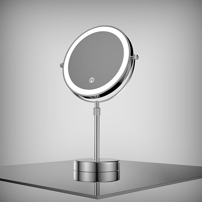Nicesail LED 7X Make up Mirror of 8 Inch, 4000 mAh Rechargeable Mirror with Light of 3 Colors, Brightness Adjustable, Height Adjustable, Double Sided in Chrome Finish (8 Inch, 7X)