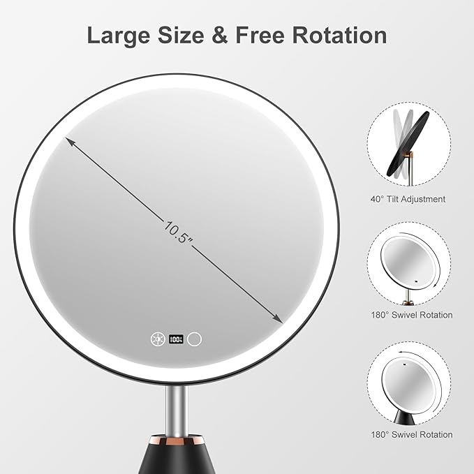 10.5" Professional Makeup Mirror with Lights, Rechargeable HD Vanity Mirror, CRI≥98 True-Sunlight, 3 Color Modes & Stepless Dimming, 5000mAh Battery, Ideal Gift for Women