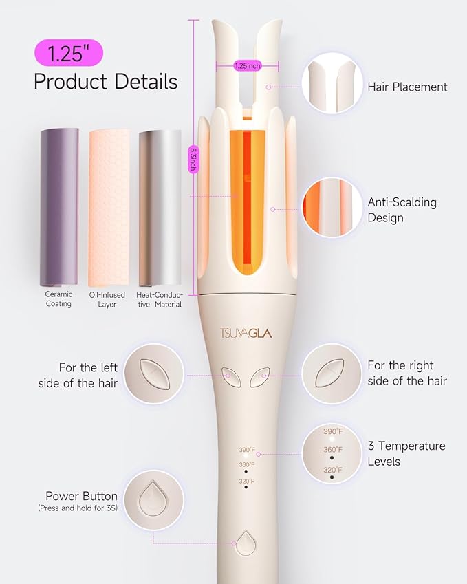 Automatic Hair Curler, 1 1/4 Inch Rotating Curling Iron with 3 Temp, 500 Million Ionic, 2-Way Rotation,10S Fast Heating, Anti-Scald, Anti-Tangle Rotating Curling Wand for Long Hair