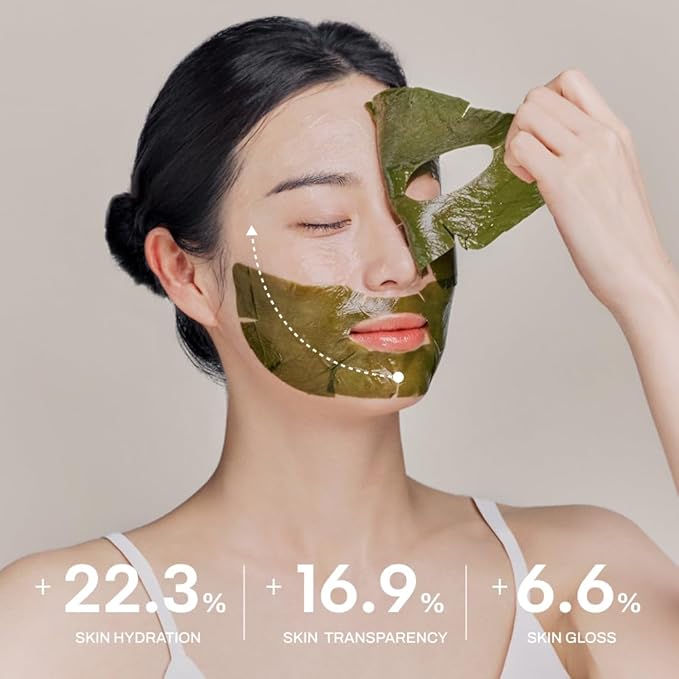Whamisa Organic Algae Kelp Facial Sheet Mask, De-Puffing, Deep Hydration, Soothing, Moisturizing, Postbiotics, Fermentation, Korean Skin Care (5 PCS/Pack)