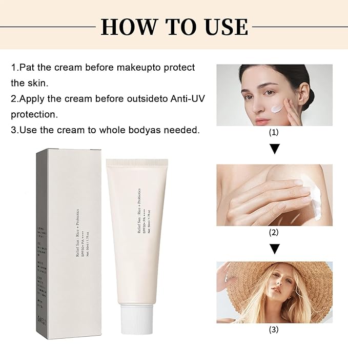 2PCS Relief Sun Rice + Relief Sun Organic Sunscreen SPF50, Probiotics SPF50+ Rice Sunscreen Korean PA++++ for All Skin Type and UV Defense(2PCS*50ml)