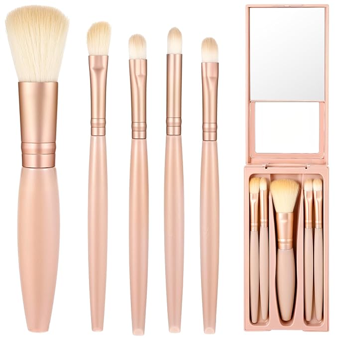 Travel Makeup Brush Set Apricot 5 Pcs Mini Makeup Brushes with Case and Mirror Portable Small Complete Function Cosmetic Brushes Kit Basic Cosmetic Profesional Tools for On The Go