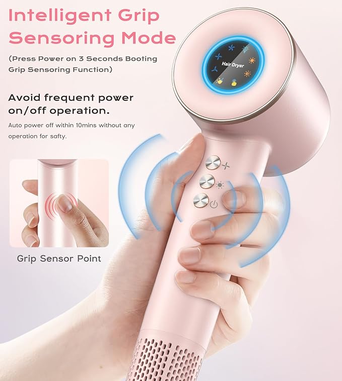 Smart Ionic Hair Dryer with Intelligent Grip Sensor, Thermo-Control, Self-Cleaning Function,110000 RPM Low Noise Blow Dryer with Magnetic Concentrator, Lightweight Hairdryer for Women