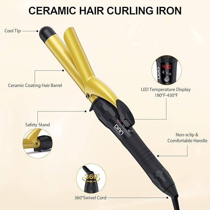 DAN Technology 1 Inch Large Barrel Curling Iron Wand, Tourmaline Ceramic Hair Curler with LCD Display (180°F–430°F), Fast Heating, Dual Voltage, Auto Shut-Off, Black & Gold