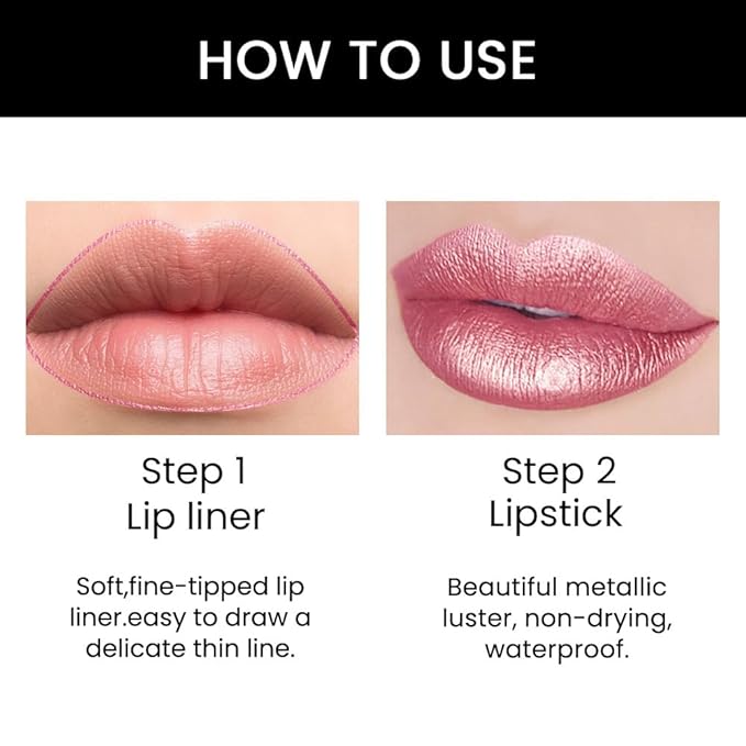 evpct 1Pcs Light Pink Pale-Pink Metallic Shine Shimmer Lip Liner and Lipstick Combo Set Kit for Women, Lightweight Hydrating Formula High Impact Full Coverage Lipstick and Lip Liner Makeup Gloss