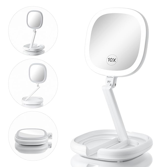 6.3” Makeup Mirror with Light and Magnification, 10X/1X Light Up Makeup Mirror Lighted Make Up Mirror with Adjustable Height Double Sides Folding Magnifying Mirror with Light