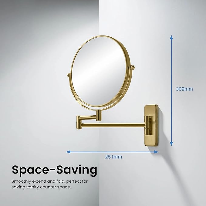 KIBI Circular Wall Mount Makeup Mirror, Dual-Sided 1x/5x Magnifying Mirror with Extendable Arm, 360° Swivel, Solid Brass Construction for Durability and Style (Brushed Brass - KMM100)