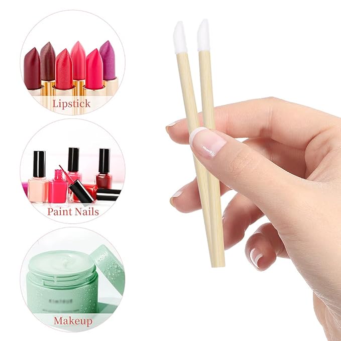 100 Pcs Disposable Lip Brushes Premium Lipstick Applicator Wands Bamboo Handle Makeup Tool Kits (Bamboo handle white)