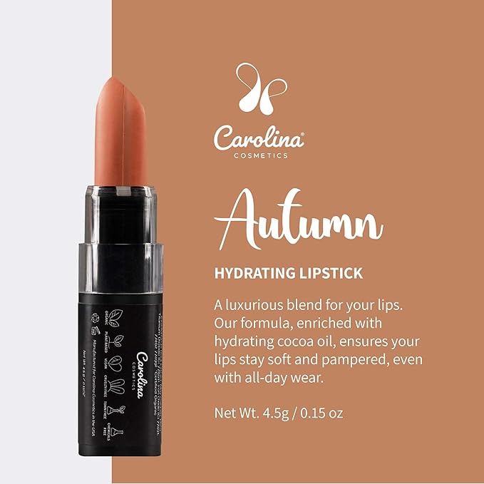 Carolina COSMETICS- Moisturizing Lipstick in Autumn Shade - Plant-Based Hydrating with Cocoa Oil, Vegan, Non-GMO, Paraben-Free - 0.15oz