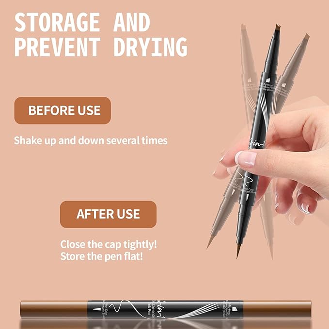 Eyebrow Pen, 2-in-1 Dual-Ended Microblading Eyebrow Pencil, Magical Faux Brow Pen with 4-Fork-Tip & Precise Brush-Tip Create Natural Hair-Like Brow, Waterproof, Stay on All Day, Dark Brown