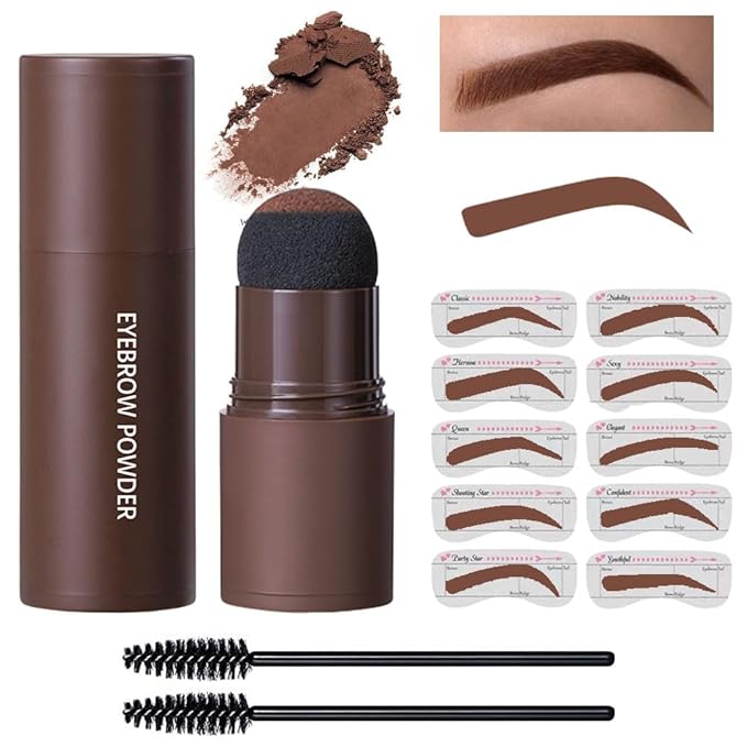 Eyebrow Powder Stamp Stencil Set, Eyebrow Stencils Shaping Kit, Long-Lasting Soft and Natural Eyebrow Powder for Women Girl, Includes Brush&Stencils, (A02#Brown, 1 Kit)