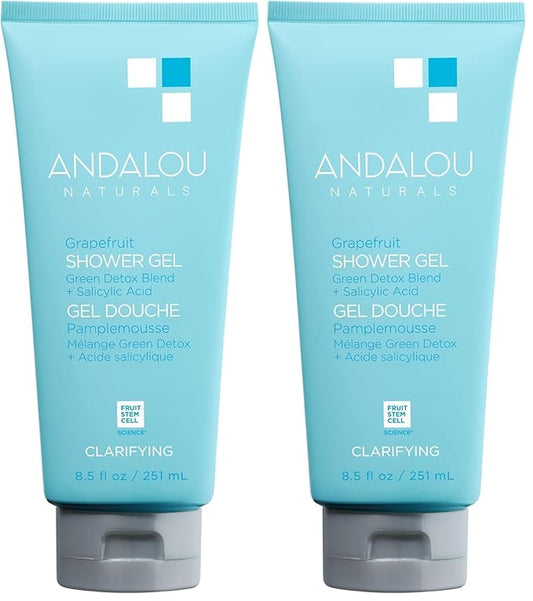 Andalou Naturals Body Wash, Clarifying Grapefruit Shower Gel, Gentle Exfoliating Salicylic Acid Body Wash with Tea Tree & Witch Hazel, Targets Back Acne, Blemishes & Excess Oil, 8.5 fl oz (Pack of 2)