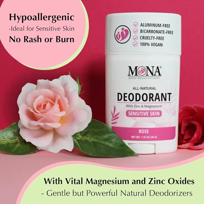 MONA BRANDS All Natural Deodorant For Women & Men | For Sensitive Skin | No Aluminum or Baking Soda | (ROSE 1.76 Oz)