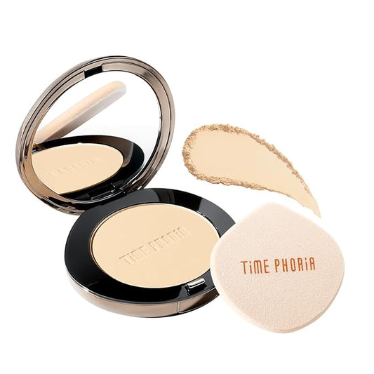 Timeless Optima Cover-Blur Skin Perfection Powder Foundation - Full Coverage, Blur Matte Finish, 16H Oil Control, Non-Comedogenic, with Double-Sided Applicator (01 Creme)