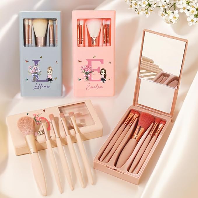 callie Personalized Makeup Brushes Sets for Women, Custom Birth Flower Bouquet Cartoon Character 5 Pcs Makeup Brushes Box Set with Name Initial and Mirror Birthday Gift for Women Girl