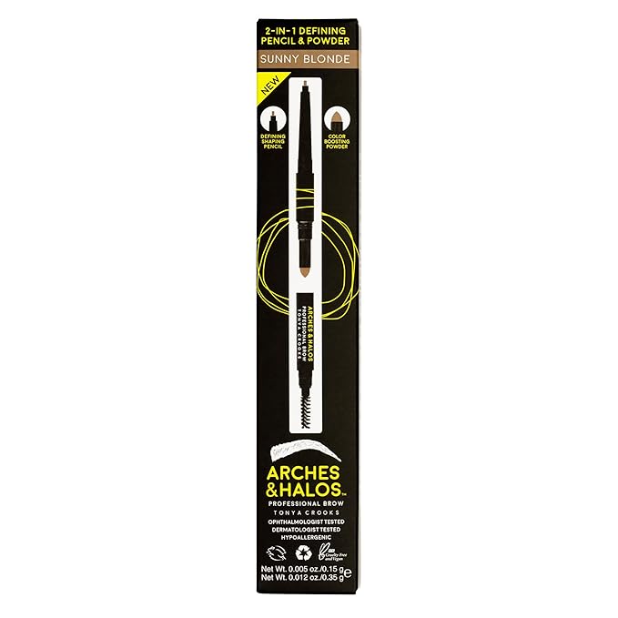 Arches & Halos 2-In-1 Defining Eyebrow Pencil And Powder - Shapes And Fills In Sparse Brows For Natural Look - Soft Textured Powder Formula - Dual Ended With Spoolie Brush - Sunny Blonde - 0.017 Oz
