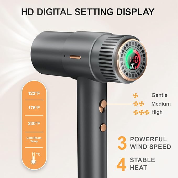 Hair Dryer,110000 RPM High Speed Blow Dryer with 2 Nozzle and 1 Diffuser, Professional Negative Ionic Fast Drying Blow Dryer with LED Display, 3 Temps and 3 Speeds for Home Travel
