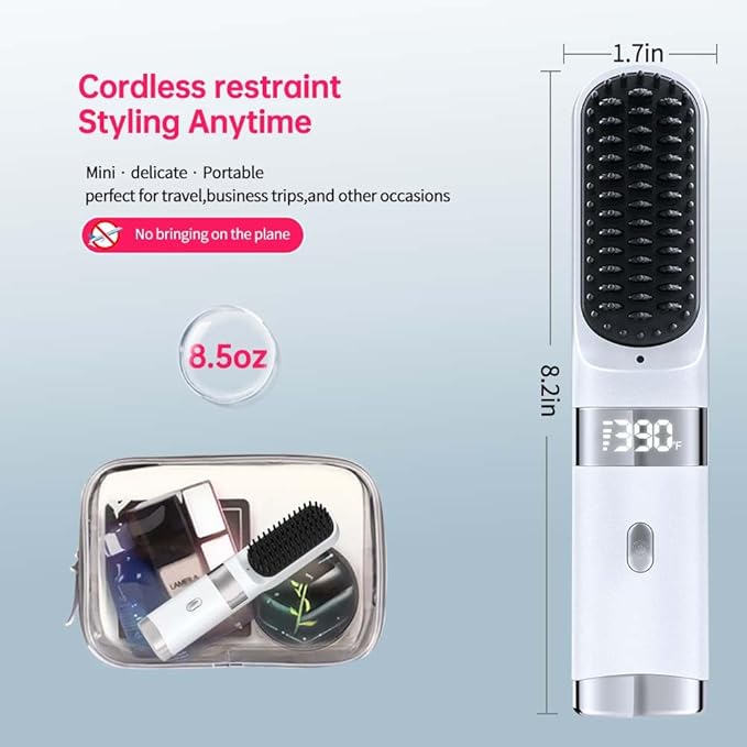 Cordless Hair Straightener Brush Portable on The go Comb for Travel USB chargingTwo Power sources30s Fast HeatingLCD Large Screen Display (White)