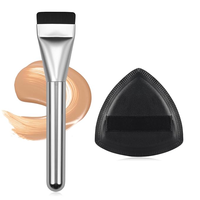 Flat Foundation Brush for Liquid Makeup, with Powder Puff Fast Flawless Flat Top Kabuki Makeup Brushes Face Cosmetics Concealer Brush for Liquid, Blending, Powder, Cream, Blush, Buffing Silver