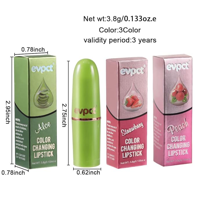 BINGBRUSH Aloe vera Color Changing Lipstick,Moisturizer Long Lasting Lip Care Magic Lip Gloss,Makeup Lipstick Set (3pcs Aloe+Strawberry+ Peach, 3 Count (Pack of 1))