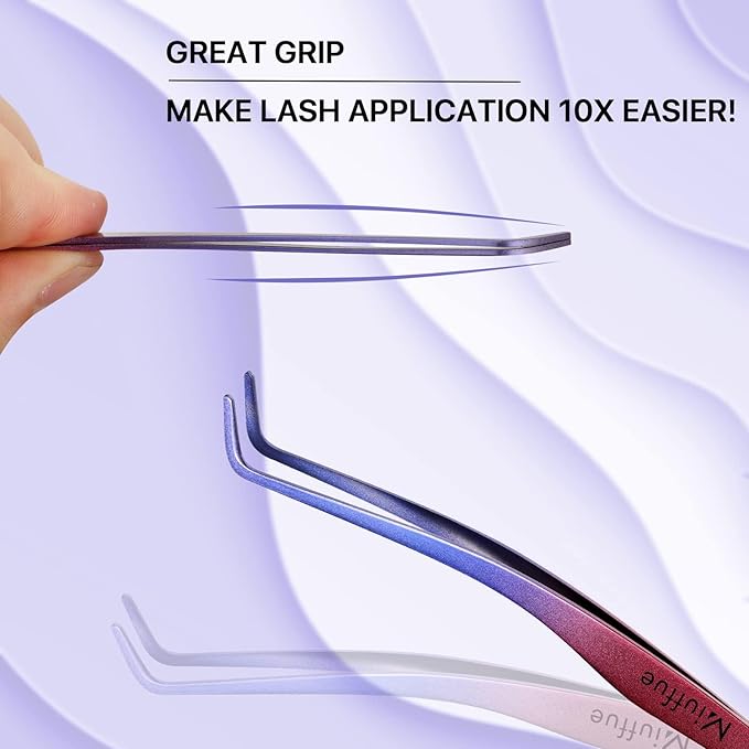 Lash Applicator Tool DIY Eyelash Applicator Stainless Steel Curved Eyelash Tweezers for Cluster Lashes, Purple Gradient