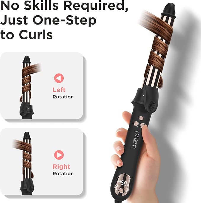 Prizm Rotating Curling Iron, 1inch/25mm Automatic Hair Curler for Long Hair, Self Spinning Barrel, 250-450°F with LCD Display, Auto-Shut Off & Dual Voltage, Black
