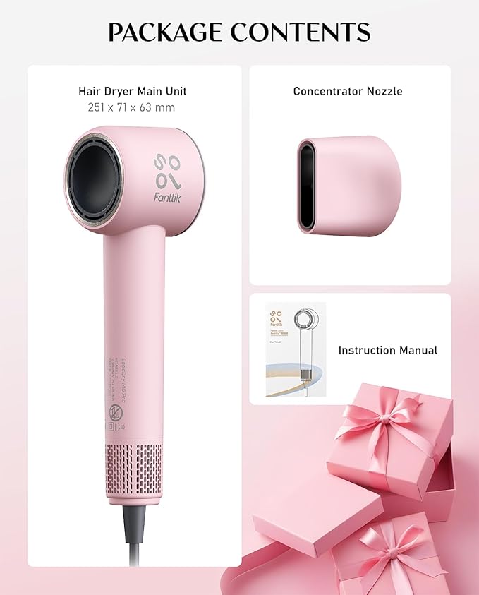 Fanttik Solo SonicDry H10 PRO 5X Faster Drying with 110,000 RPM Brushless Motor Hair Dryer, 56dB Low-Noise, 0.72lb Ultra-Light Blow Dryer, Ionic Tech for Travel, Home, Salon