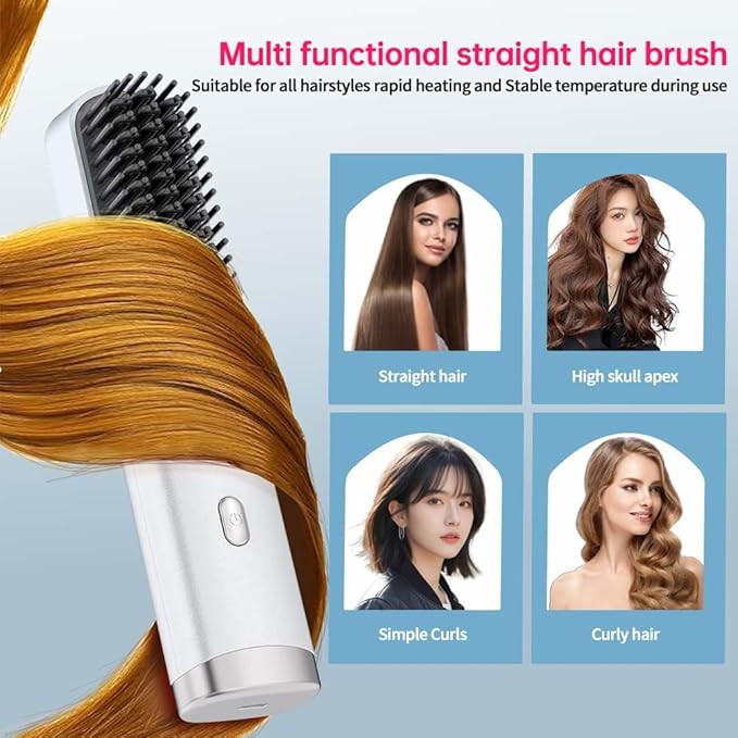 Cordless Hair Straightener Brush Portable on The go Comb for Travel USB chargingTwo Power sources30s Fast HeatingLCD Large Screen Display (White)