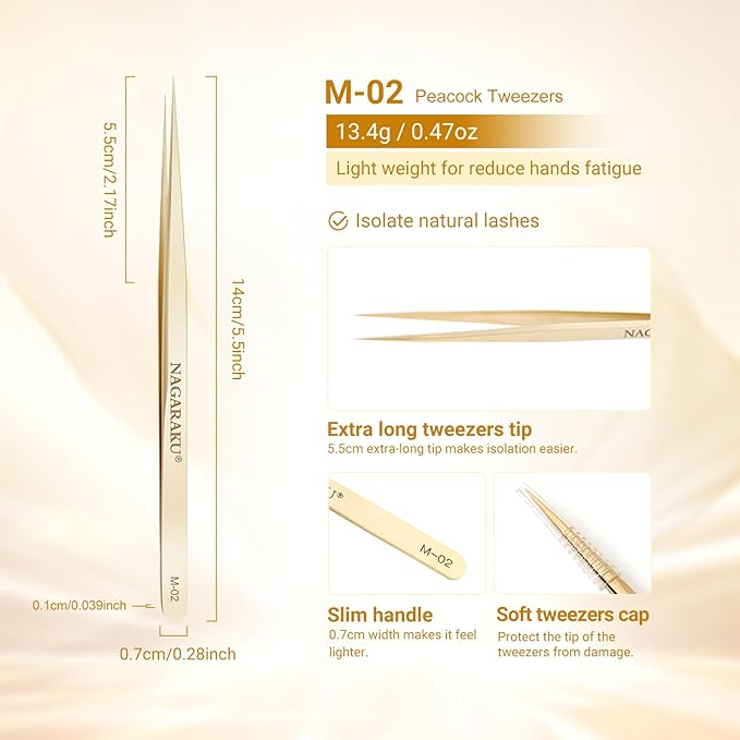 NAGARAKU Tweezers for Eyelash Extensions Straight Precision Isolator Tweezers Professional Pointed Volume Easy Fanning Lash Pinzas Stainless Steel Precise Pointy Long Tip for Lashes Isolation (M-02)
