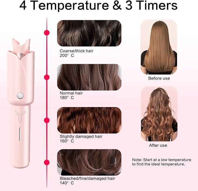 Automatic Curling Iron - Cordless Hair Curler, 1 inch Hair Curling Iron for Hair Styling,Intelligent Temperature Control, 360° Full Cover Anti-scalding, Suitable for Home, Travel (Pink)