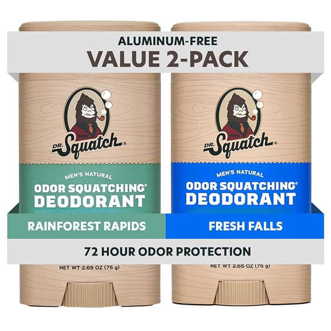 Dr. Squatch Natural Deodorant for Men - Odor-Squatching Aluminum Free - Rainforest Rapids & Fresh Falls (2.65 oz, 2-Pack)