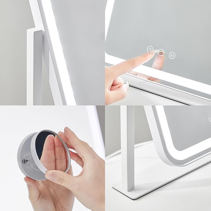 HIEEY Vanity Mirror with Lights, 16.7'' x 13.4'' Makeup Mirror with Lights, Three Color Lighting Modes, and 5X Magnification Mirror, Smart Touch Control, 360°Rotation (White,Gift Box)