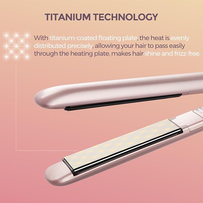 Titanium Flat Iron Hair Straightener, 1 Inch Fast Heating Dual Voltage Styling Tool, 2 in 1 Straightener & Curler for All Hair Types, Pink