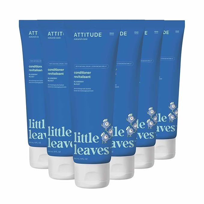 ATTITUDE Hair Conditioner for Kids, Dermatologically Tested Products, Plant- and Mineral-Based Detangler, Vegan, Blueberry, 8 Fl Oz (Pack of 6)