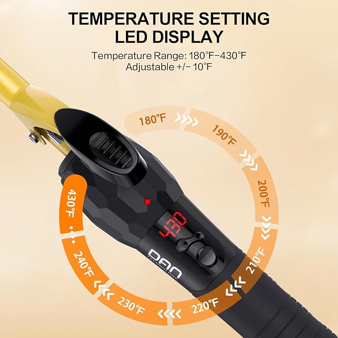 DAN Technology 1/2 Inch Thin Curling Iron for Corkscrew Curls, Tourmaline Ceramic Small Hair Curler with LCD Display (180°F–430°F), Fast Heating, Dual Voltage, Auto Shut-Off, Black & Gold