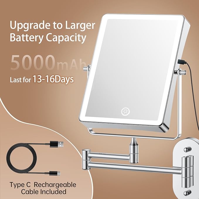 FASCINATE 5000mAh Rechargeable Wall Mounted Makeup Mirror, 8.7" Double Sided Touch Switch 1X 20X Rectangle Wall Mounted Magnifying Mirror with Light, 3 Color Setting, Extended Arm 360° Foldable Chrome