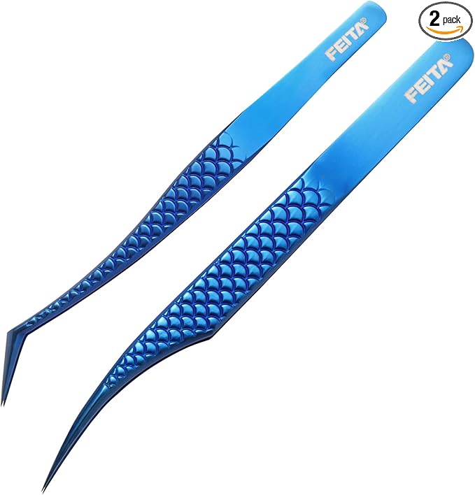 FEITA Diamond Grip Eyelash Extensions Tweezer Lash Precision Tweezers, Japanese Steel Dolphin-shaped & Angled Tip, False Lashes Application Tools, Blue 2Pcs