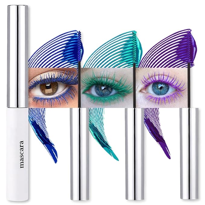 Blue purple green mascara for eyelashes Waterproof 3 pcs set,Royal Eyelash Mascara Long lasting Charming Voluminous Cruelty Free Vegan Eye Makeup Eyelashes for Women (Blue+green+purple)