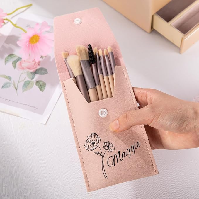 callie Personalized Birth Flower Makeup Brush Set, Custom Travel Cosmetic Makeup Brush Set with Bag Holder Case, Birthday Gift for Women (8 Brushes)