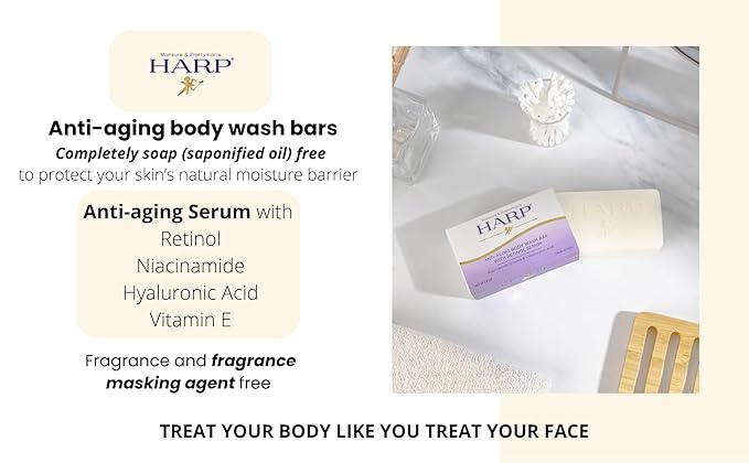 HARP® Anti-Aging Body Wash Bar with Retinol – pH Balanced Syndet Cleanser, Fragrance Free, Soap-Free & No Lye, Non-Comedogenic, With Niacinamide, Hyaluronic Acid & Vitamin E, 3-5oz Bars.