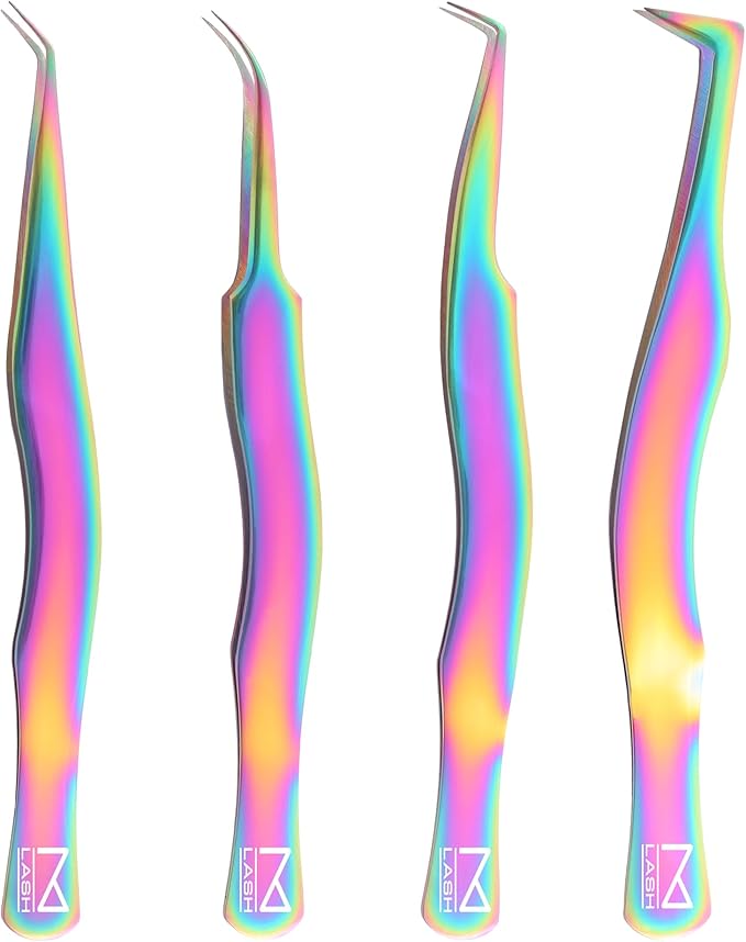 M LASH Eyelash Tweezers for Eyelash Extensions (Set of 4) - Professional Lash Extension Tweezers - Fiber Tip Lash Tweezers, Japanese Steel, Diamond Grip For Flawless Application (Multi Color)