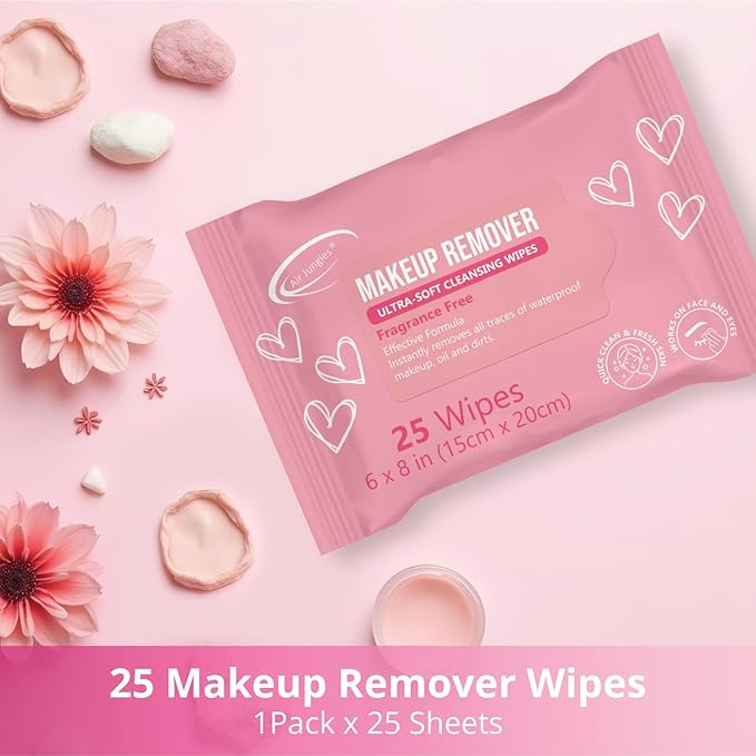 Air Jungles Makeup Remover Wipes 25 Count (Pack of 2), Alcohol-Free & Fragrance-Free, Extra Large Facial Towelettes for Face & Eyes, Removes Waterproof Makeup, Infused with Vitamin E