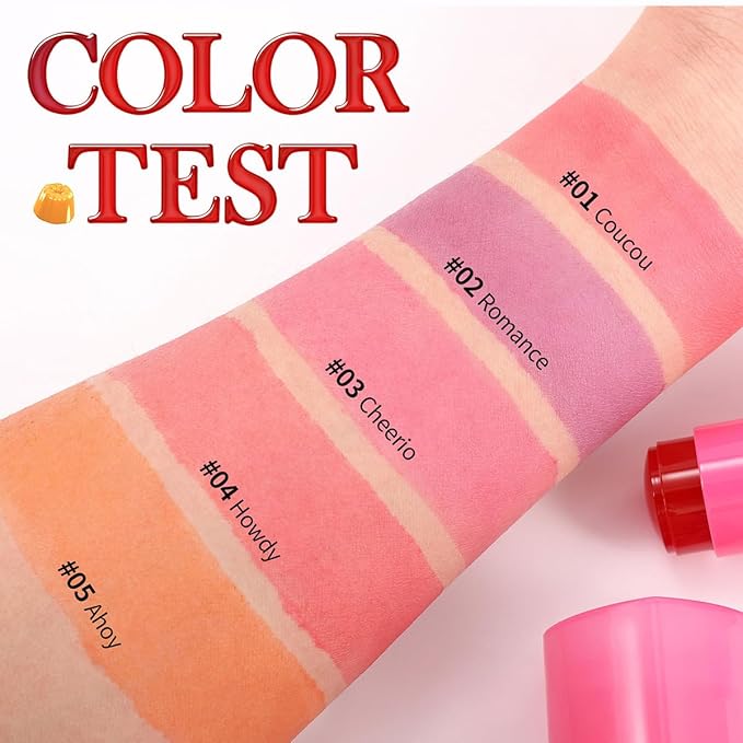 5 Colors Hydrating Lip & Cheek Tint, Long-Lasting Jelly Blush Stick with Cooling Effect, Watercolor-Like Finish (# 02)