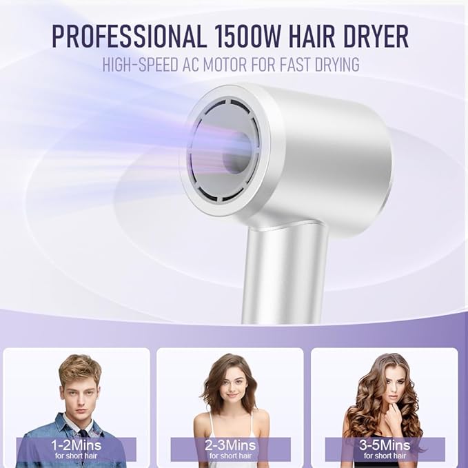 Hair Dryer,120 Million Negative Ions High-Speed & Low Noise Blow Dryer for Fast Drying, Thermo-Control Quiet Compact Hair Blow Dryer with Magnetic Styling Nozzle for Students and Home(White)
